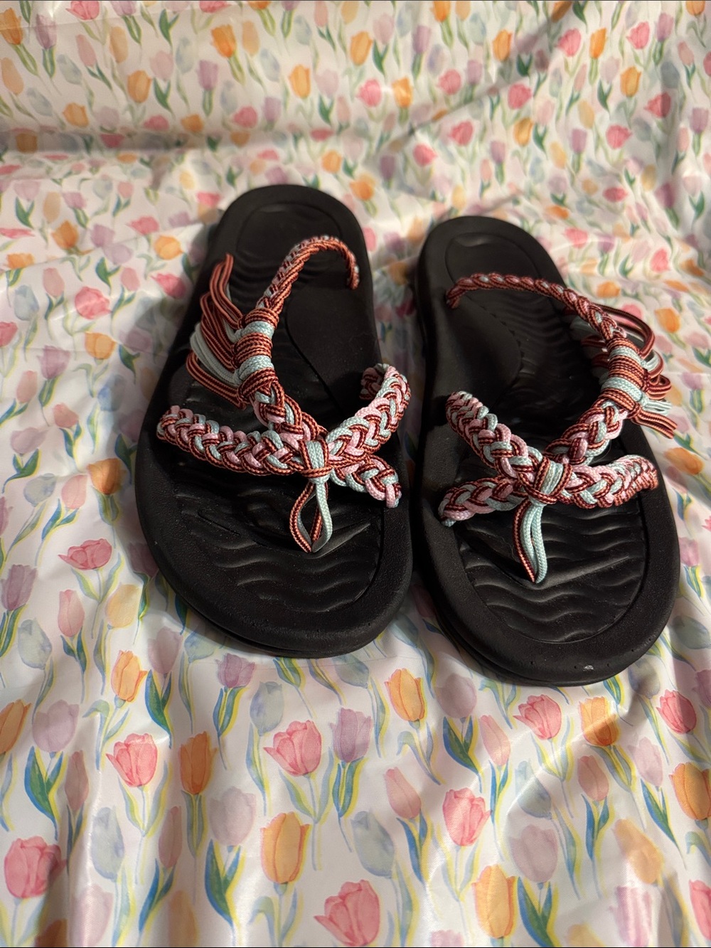 Braided Coral & Mint Women's Toe-Loop Sandals - Black Footbed